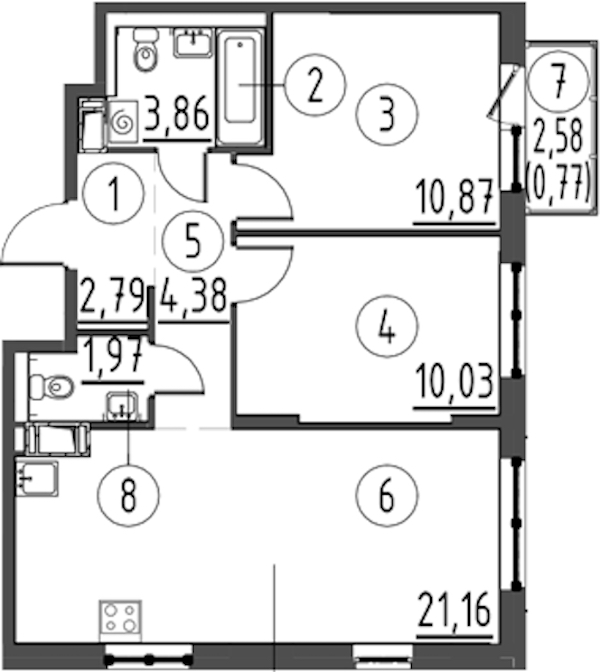2-комнатная квартира 55.83 м², 12/13 эт., ЖК «Квартал Торики»